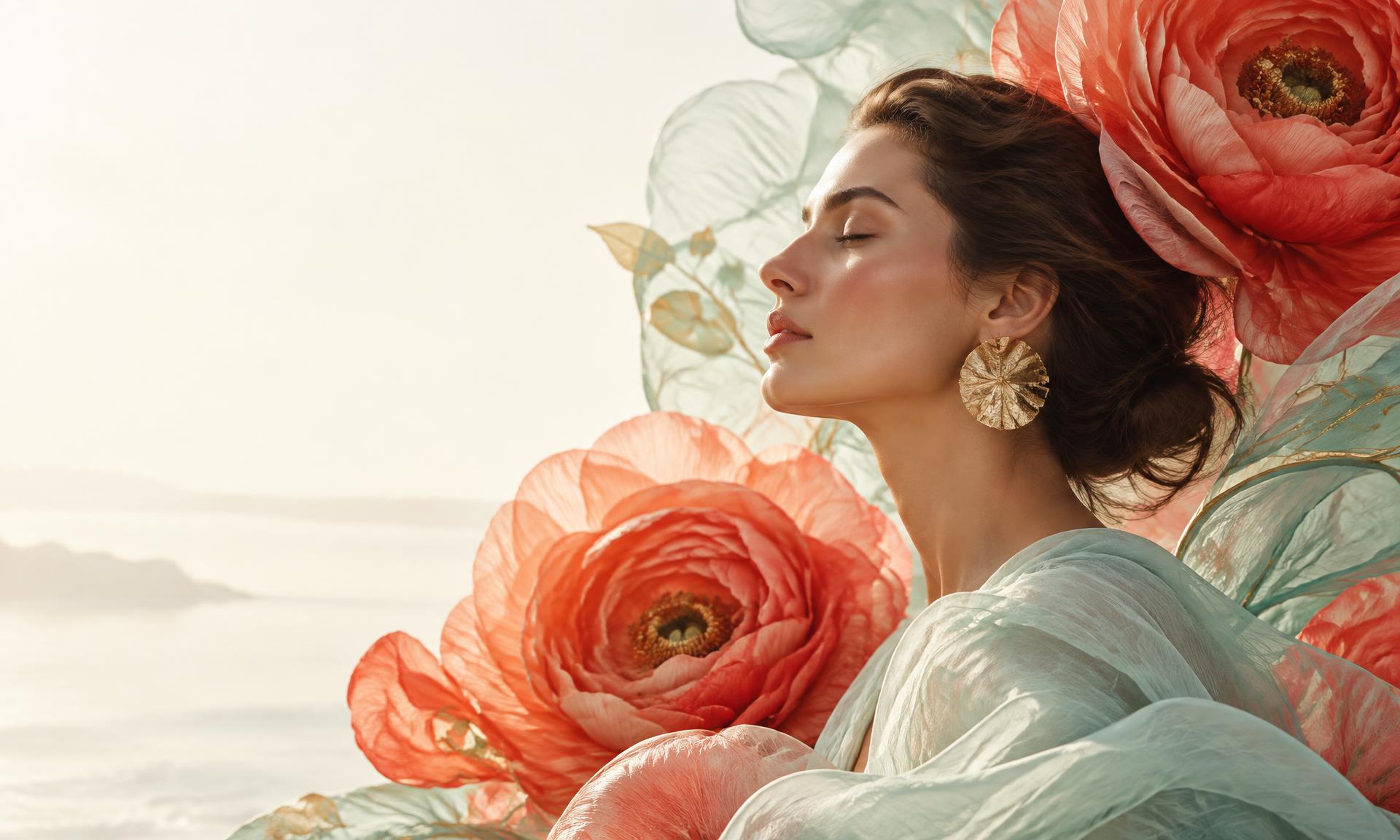 Serene woman surrounded by coral flowers and translucent seafoam petals