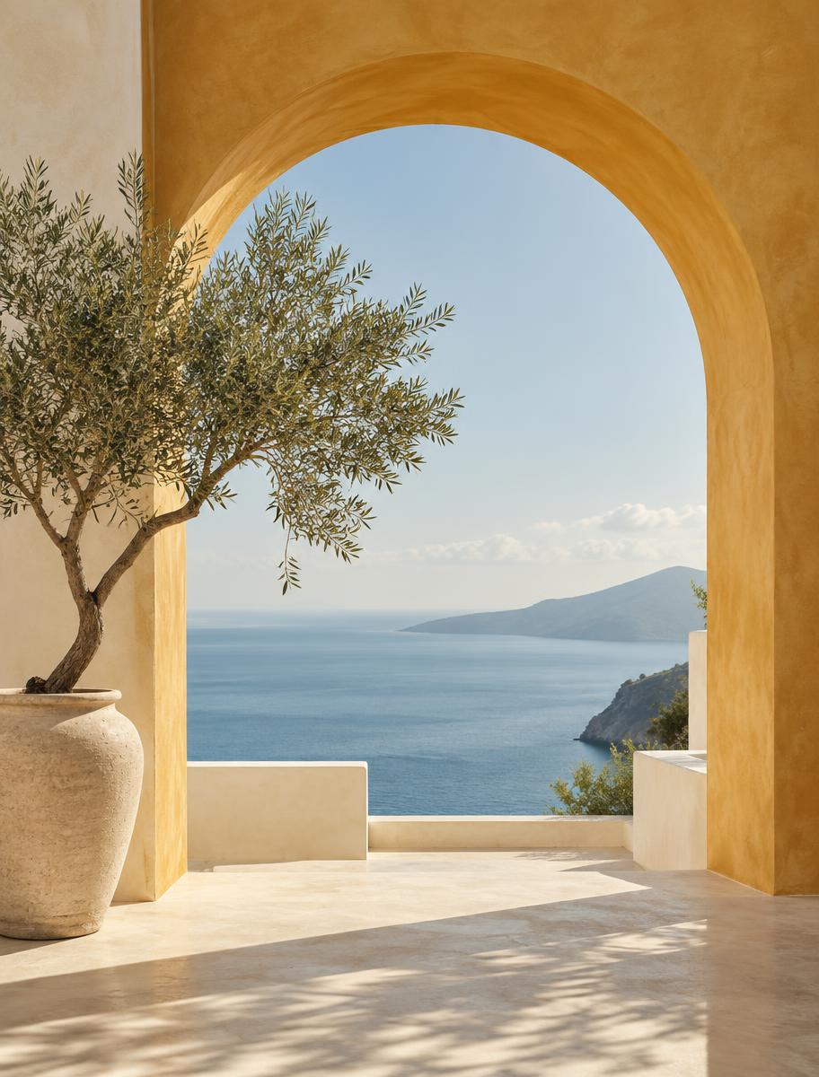 Golden arch opening onto a calm sea and olive tree